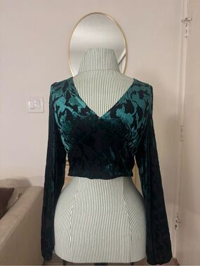 12th Tribe Teal and Black Velvet Floral Wrap Crop Top Emerald Green
